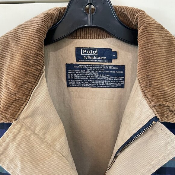 Vintage Polo Ralph Lauren Oilskin Waxed Jacket in Blue and Green Plaid, Size L - Picture 7 of 8